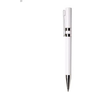 A white plastic pen with silver accents and a clip, featuring a sleek design and a logo.