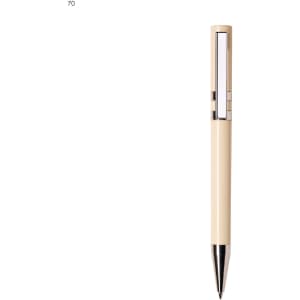 A cream plastic pen with a silver clip and details, featuring a branding logo.