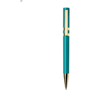 A turquoise metal pen with gold accents and a sleek design, featuring a branding logo.