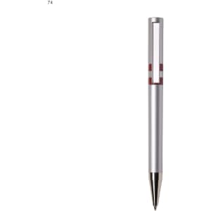 A plastic pen in silver with red accents and a shiny silver clip, featuring a logo on the barrel.