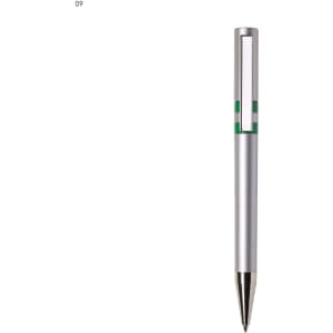 A silver plastic pen with a green accent and a cut-out design at the top. It features a chrome tip and has a logo.