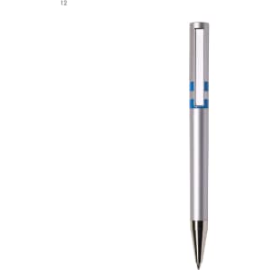 A silver plastic pen with a blue accent and a stylish cut-out design, featuring a metal nib.