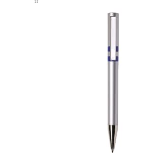 A silver plastic pen with a blue accent, featuring a sleek design and logo.
