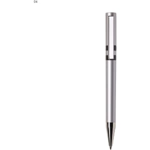 A silver plastic pen with a sleek design and a branding logo on the barrel.