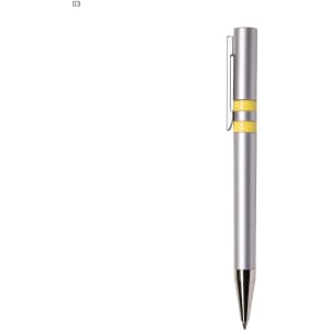A silver plastic pen with yellow accents and a clip, featuring a sleek design and a simple logo.