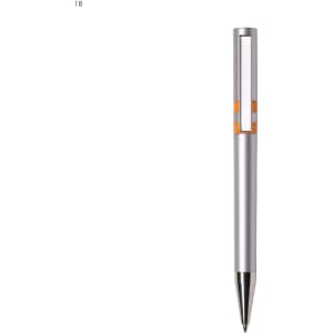 A silver plastic pen with an orange accent and a sleek design. It features a branding logo on the upper section.