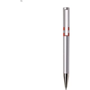 A silver plastic pen with a red accent and a unique cut-out design. It includes a logo on the barrel.