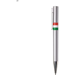 A metal pen in silver with red and green stripes, featuring a clip and a branded logo.