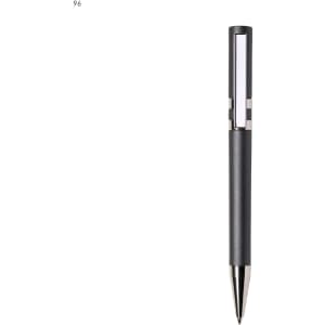 A sleek black plastic pen with a silver clip and a transparent section, featuring a brand logo.