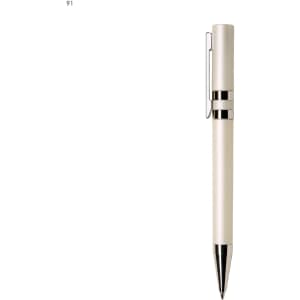 A plastic pen in cream and silver with a sleek design and a clip for easy attachment. It features a logo.