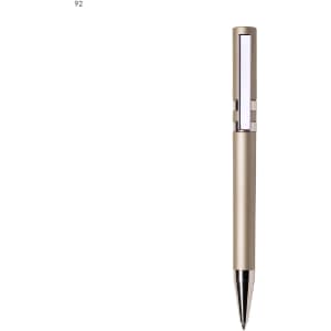 A gold plastic pen with a silver clip and a sleek design. It features a branding logo on the barrel.