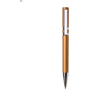 A sleek plastic pen in a metallic gold finish with a silver accent and a logo on the barrel.