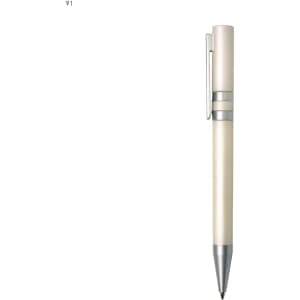 A plastic pen in cream and silver. The pen features a metallic clip and a sleek design.