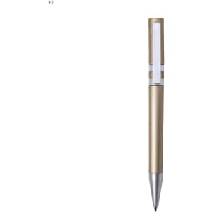 A gold and silver plastic pen with a sleek design, featuring a clip and a glossy finish.