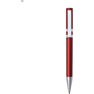 A red plastic pen with a sleek silver clip and tip, featuring a logo on its body.