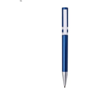 A blue plastic pen with a silver tip and a logo on the barrel.
