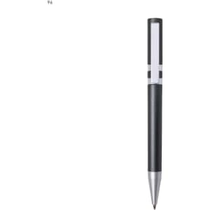 A plastic pen in black and silver, featuring a sleek design and a branding logo.