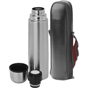 A drink bottle in silver with a black screw cap, accompanied by a cup and a zippered carry case.