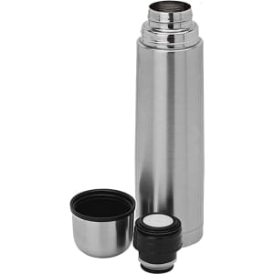 A drink bottle in silver, featuring a removable lid and inner cup, designed for holding liquids.