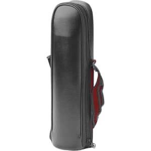 A drink bottle holder in black with a textured finish and a red handle, featuring a zip closure.