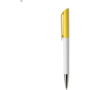 A plastic pen with a white barrel and a yellow cap, featuring a clip and a branded logo.