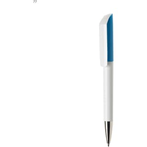 A white plastic pen with a blue top and a metal clip. It features a logo on one side.