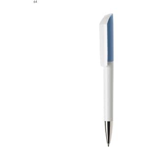 A plastic pen featuring a white body and a blue top, with a silver tip and a logo.