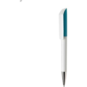 A plastic pen with a white barrel and a teal accent on the cap, featuring a silver tip and a branding logo.