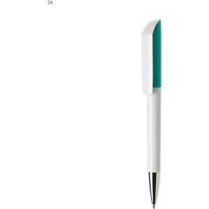 A plastic pen in white and teal, featuring a smooth barrel and a clip, with branding present.