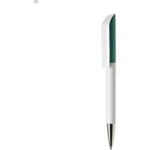 A plastic pen featuring a white barrel and a green cap, complemented by a silver tip. It has a branding logo.