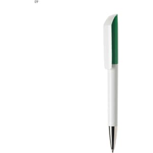 A plastic pen with a white body and a green cap, featuring a silver tip and a subtle branding logo.