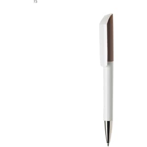 A plastic pen with a white body and a brown cap, featuring a logo on the side.