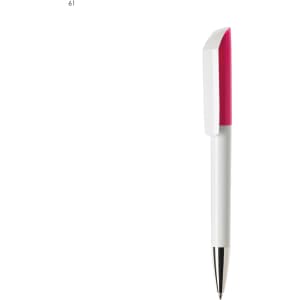 A plastic pen featuring a white barrel and a pink cap, complete with a silver tip and branding.