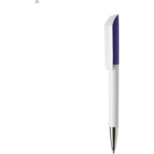 A plastic pen in white with a purple accent and silver tip, featuring a logo.