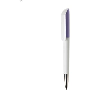 A white plastic pen with a purple top and metallic tip, featuring a logo on the side.