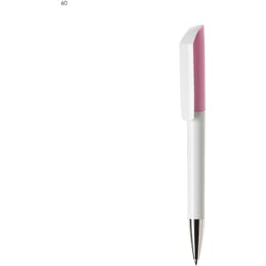 A plastic pen with a white body and a pink top, featuring a silver clip and tip, alongside a logo.