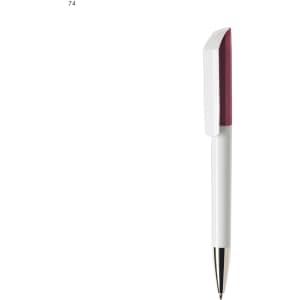 A plastic pen with a white barrel and a maroon top, featuring a silver clip and tip. It has a logo.