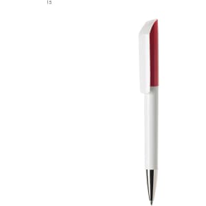 A plastic pen with a white body and a red clip, featuring a silver tip and a branding logo.