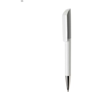 A plastic pen in white with a silver clip and a polished tip, featuring a logo.