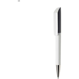 A plastic pen in white with a black cap, featuring a silver-tone tip and an understated design.