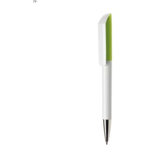 A plastic pen with a white body and a green top, featuring a silver tip and a logo.