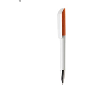 A plastic pen featuring a white body and an orange cap, with a metallic tip. Includes a logo branding.