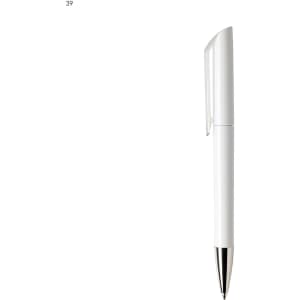 A white plastic pen with a silver trim and a clear cap, featuring a logo on its body.