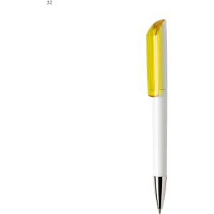 A plastic pen in white with a yellow cap and silver detailing, featuring a logo.