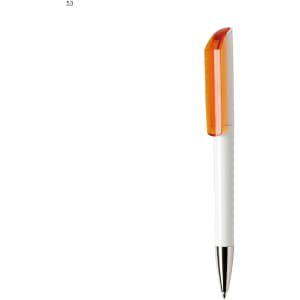 A plastic pen with an orange cap and a white barrel, featuring a metallic silver tip and a logo.
