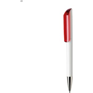 A plastic pen featuring a white body and a red clip, with a silver tip and branding on the body.