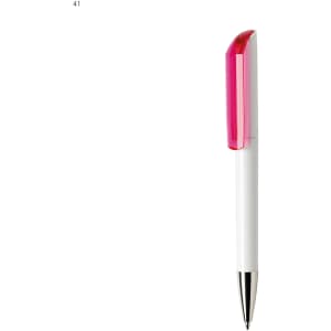 A white plastic pen with a pink cap and silver tip, featuring a branding logo.
