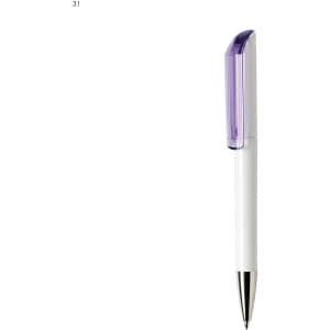 A plastic pen with a white body and a purple transparent cap, featuring a silver clip and tip.
