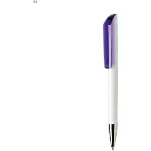 A plastic pen in white with a purple cap, featuring a silver tip and a branding logo.