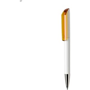 A plastic pen with a white body and an amber cap, featuring a silver tip and a logo.